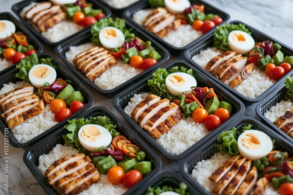 A photo of multiple black containers filled with a meal A photo of multiple black containers filled with a meal