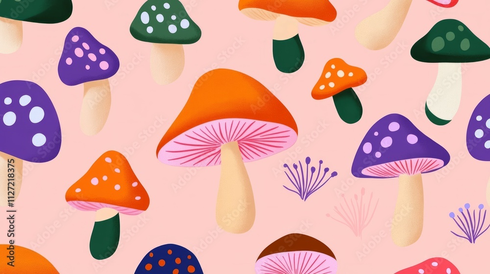 A cute mushroom pattern on a pastel pink background with bright colors A cute mushroom pattern on a pastel pink background with bright colors