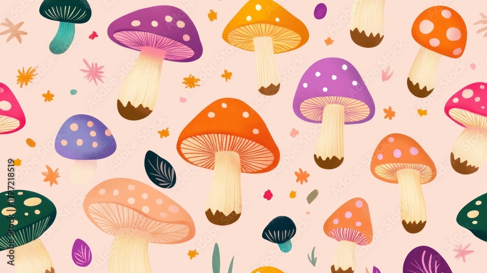 A cute mushroom pattern on a pastel pink background with bright colors A cute mushroom pattern on a pastel pink background with bright colors