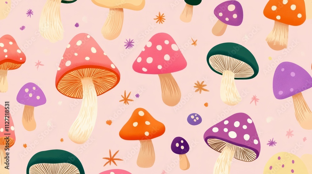 A cute mushroom pattern on a pastel pink background with bright colors A cute mushroom pattern on a pastel pink background with bright colors