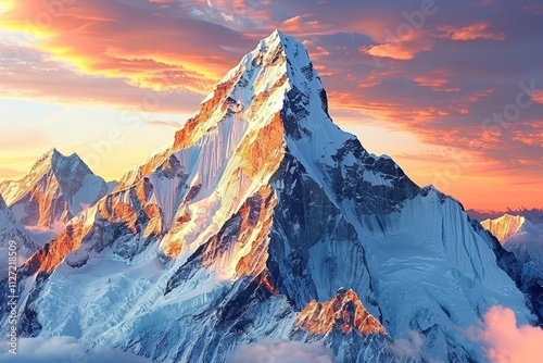 Stunning panoramic view of ama dablam summit and snow capped peaks in nepal at sunset