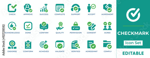 Checkmark Icon Set. Features editable icons for check symbols, approve, success, complete, support, accept, agreement, acknowledge, and more. Perfect for websites, apps, and digital projects.