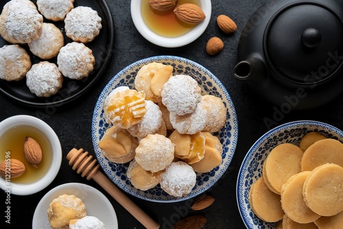 A top view, flat lay photo of a variety of traditional Greek sweets and cookies