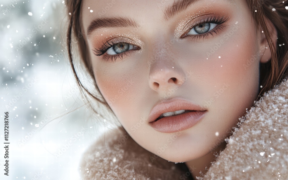 A soft holiday look featuring champagne-toned eyeshadow dewy skin and a light pink lip on a snowy outdoor backdrop A soft holiday look featuring champagne-toned eyeshadow dewy skin and a light pink lip on a snowy outdoor backdrop