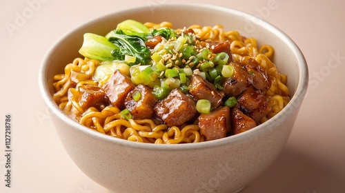 Delicious noodle bowl with vegetables and meat on a soft background.