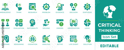 Critical Thinking Icon Set. Features editable icons for critical thinking, problem-solving, analysis, evaluation, and more. Perfect for education, training, and professional development.