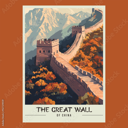 The Great Wall of China Retro Travel Style Poster Stock Vector