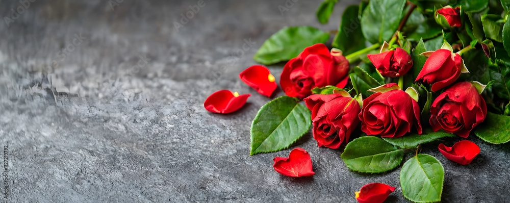 Amidst a backdrop of soft gray stone, red roses lie gracefully scattered, petals unfurling in elegant disarray, celebrating the intimacy of love and beauty in a tranquil moment Amidst a backdrop of soft gray stone, red roses lie gracefully scattered, petals unfurling in elegant disarray, celebrating the intimacy of love and beauty in a tranquil moment