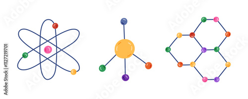 Cute cartoon set with chemistry molecule and atom structure. Hand drawn chemical formula as sign of science, medicine, technology, biology. Scientific molecular model clipart isolated on background.