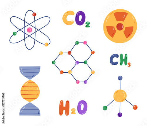 Cute cartoon set with chemistry symbols. Molecule, atom, chemical formulas of H2O, CO2, CH2, DNA chromosome, nuclear radiation. Hand drawn sign of science, medicine, technology, biology.