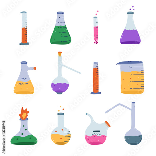 Big cartoon set with laboratory beaker with fire, chemical solution, reagent and bubble. Flat-bottomed, round flask, glassware, tube for scientific, chemistry experiment. Hand drawn lab equipment.