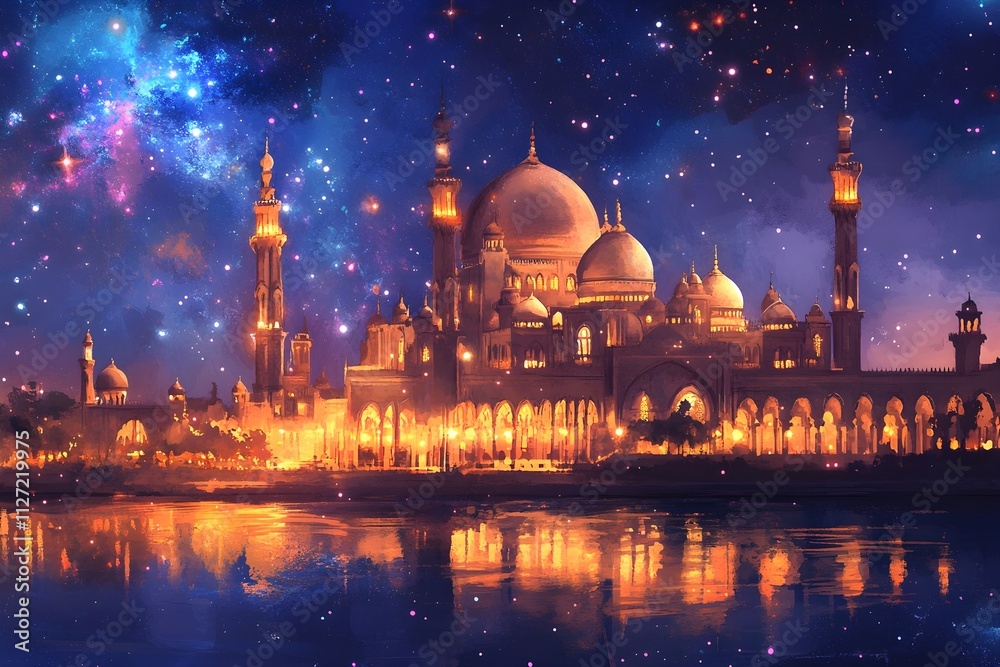 Fototapeta premium mosque, illustration, architecture, religion, design, minaret, landmark, building, travel, heritage, india, spirituality, dome, sky, vector, asia, culture, historical building, crescent moon, artwork,