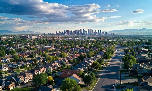 Denver Skyline Viewed from Suburban Residential Area