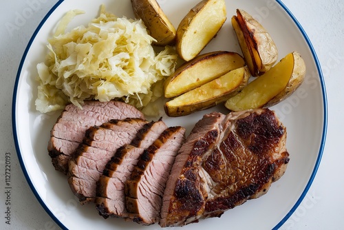 A high-quality photo of a plate with a sliced grilled pork steak, roasted potato wedges, and sauerkraut