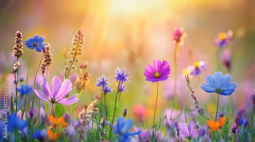 A vibrant field of colorful flower illuminated by soft sunlight.