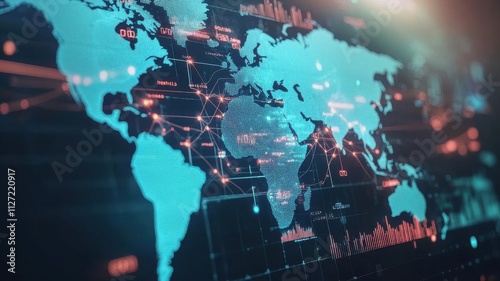 Supply Chain Digital Transformation. A global supply chain map displayed on a holographic interface, illustrating interconnected digital networks