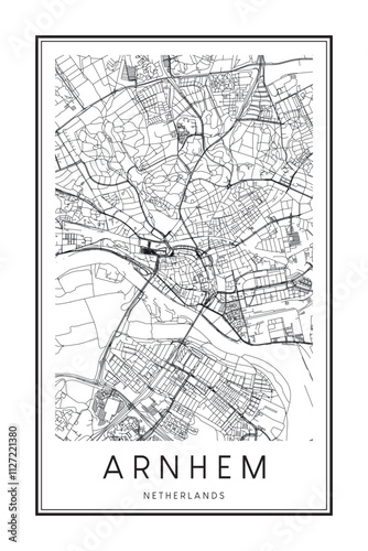 Printable downtown road map poster of the Dutch city of ARNHEM on solid white background with city name