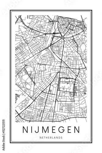 Printable downtown road map poster of the Dutch city of NIJMEGEN on solid white background with city name