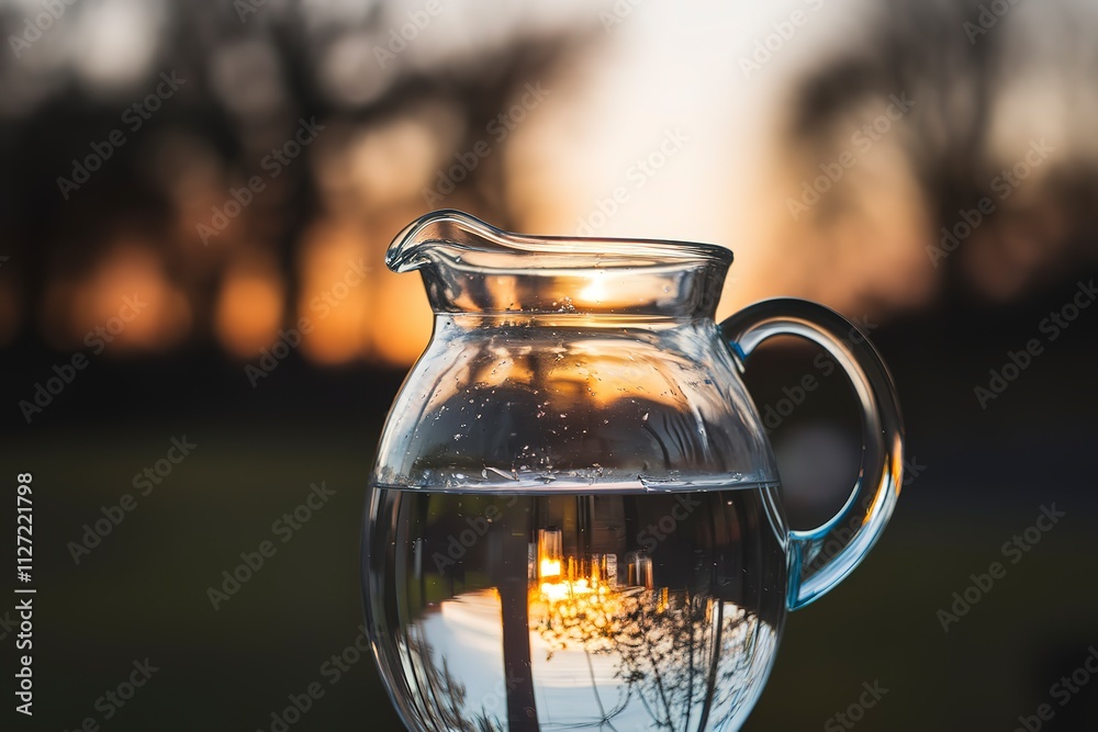 A photo of a clear glass pitcher placed outdoors during sunset A photo of a clear glass pitcher placed outdoors during sunset