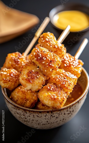 Deliciously fried skewered snacks with sesame and a side of dipping sauce. photo