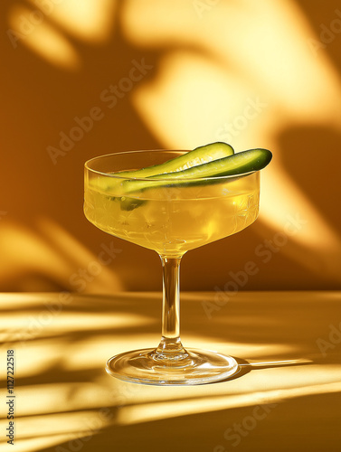 yellow cocktail with pickle on the shadow yellow background