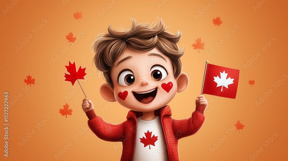 Happy child with heart-shaped cheeks holds a Canadian flag, celebrating with vibrant autumn leaves Happy child with heart-shaped cheeks holds a Canadian flag, celebrating with vibrant autumn leaves