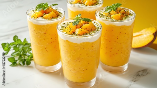 Four refreshing mango smoothies topped with mint and mango pieces.