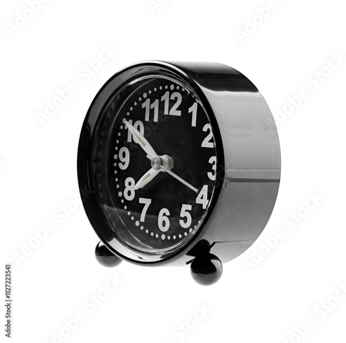 Alarm clock isolated on white. Volumetric light at the back photo