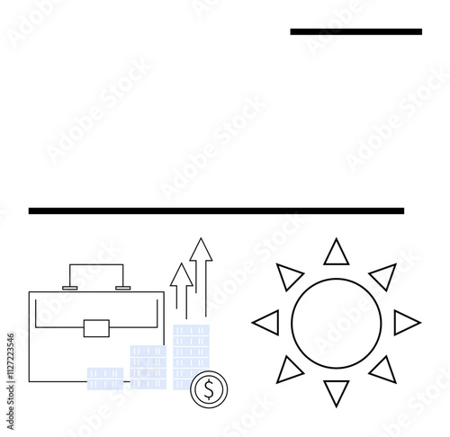 Briefcase, rising arrow charts, stacked coins, and sun symbolizing financial growth, economic prosperity, investment potential, entrepreneurship, corporate success and economic development. Line