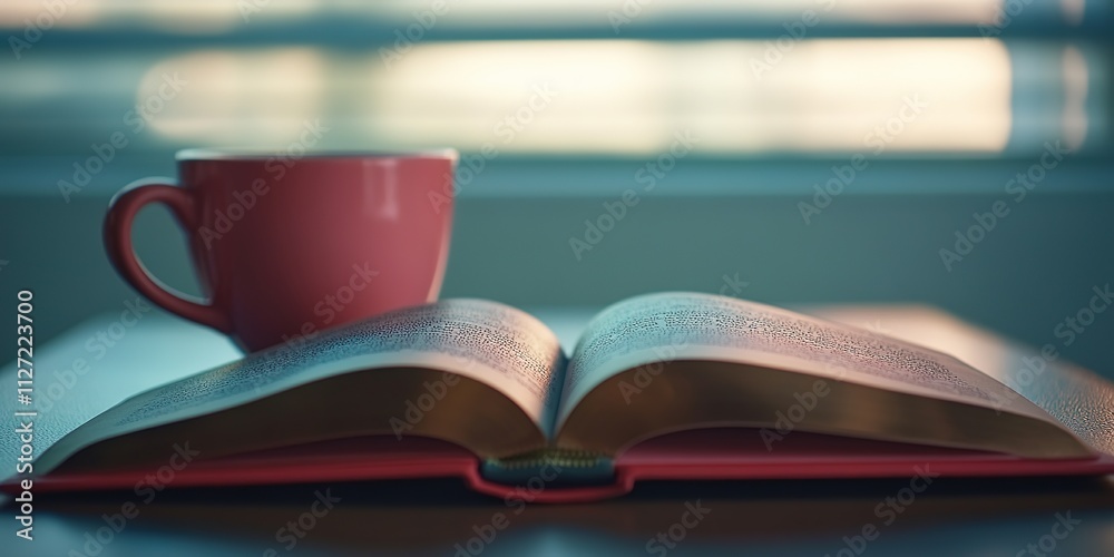 Naklejka premium Open book with red cup on table, cozy reading nook