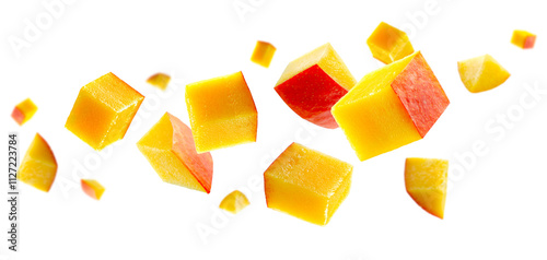 Cubic and triangular mango pieces form an unusual figure in space. Isolated on white