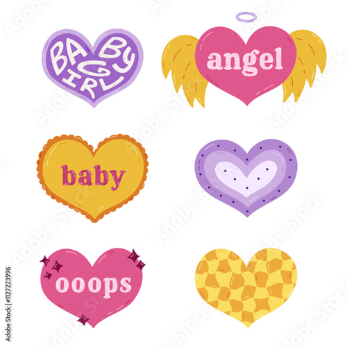 Cute cartoon set with hearts in Y2k aesthetic with lettering Angel. Baby, Ooops. Retro love symbol from 90s and 00s. Hand drawn simple heart with print and text isolated. Nostalgia for 1990s vibe.