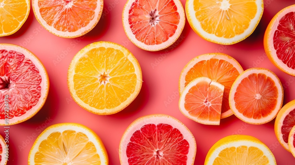 Fresh citrus slices on vibrant pink background Fresh citrus slices on vibrant pink background