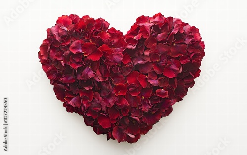 Heart-shaped arrangement made entirely of vibrant red rose petals, neatly layered and symmetrically aligned, creating a romantic and elegant composition on white background photo