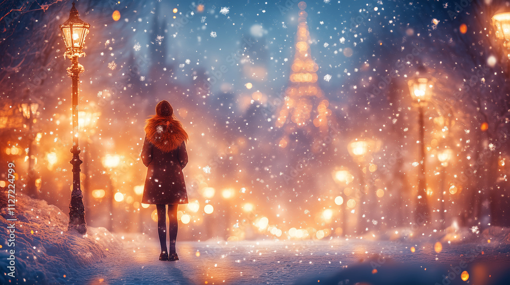 Obraz premium Winter Wonderland with Snow and Streetlights at Night