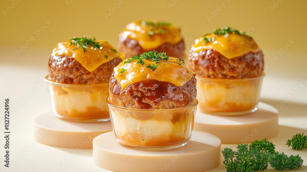 Savory meatloaf cups topped with melted cheese and fresh herbs. Savory meatloaf cups topped with melted cheese and fresh herbs.