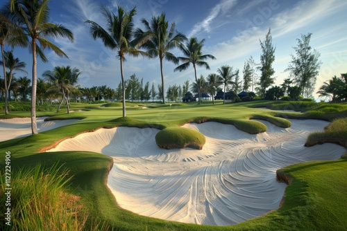 Stunning panoramic view of a lush green golf course surrounded by beautiful scenery photo