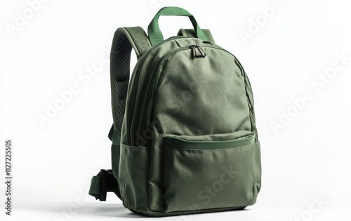 A green school backpack on a white background, captured in high resolution with professional color grading, soft shadows, and a clean