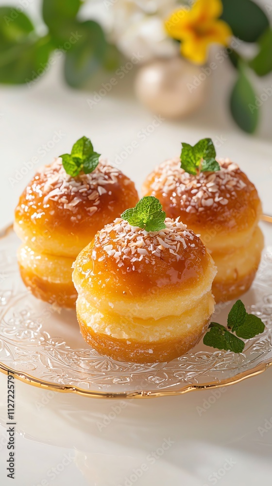 Three delicious, frosted pastries topped with mint leaves on a decorative plate. Three delicious, frosted pastries topped with mint leaves on a decorative plate.