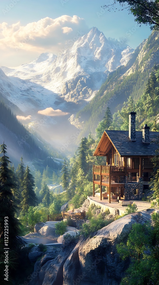 Fototapeta premium A serene mountain landscape featuring a cozy cabin amidst lush trees and majestic peaks.