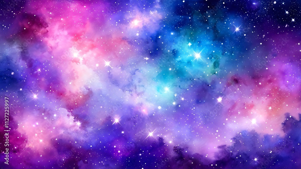 Naklejka premium Cosmic watercolor abstract featuring vibrant nebulae and sparkling stars in shades of purple and blue