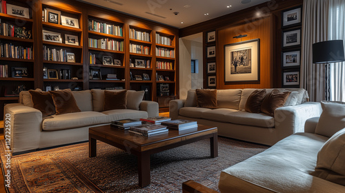 Cozy Living Room with Bookshelves and Soft Lighting