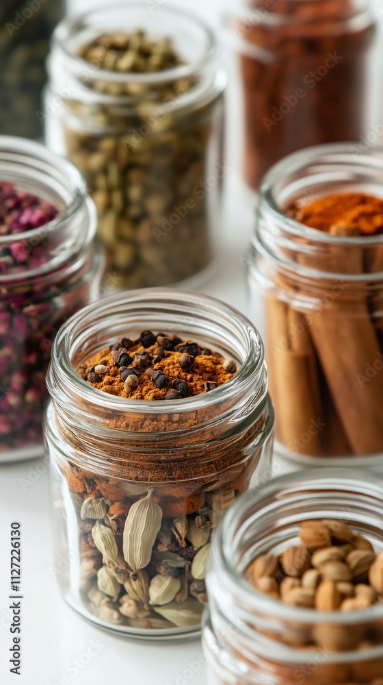 Various spices in jars on a white background Various spices in jars on a white background