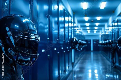 Low angle view of sports equipment arranged in a blue, empty locker room with clean design