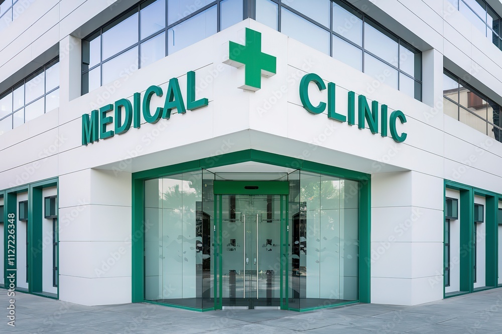 A photo of a white building facade with a large green cross sign A photo of a white building facade with a large green cross sign