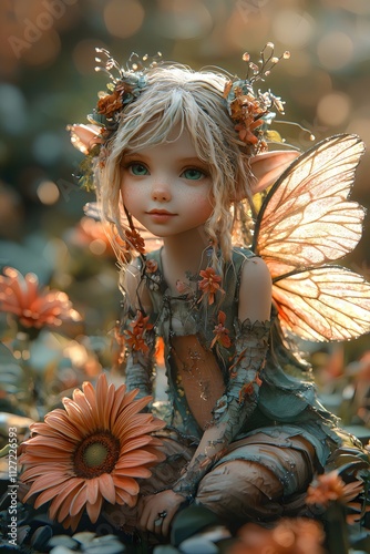 A mischievous fairy with little wings amidst a flower garden in a fairytale setting, creating an ethereal and dreamy atmosphere.