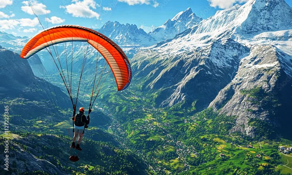 Paraglider Soaring Over Majestic Snow-Capped Alpine Valley Paraglider Soaring Over Majestic Snow-Capped Alpine Valley
