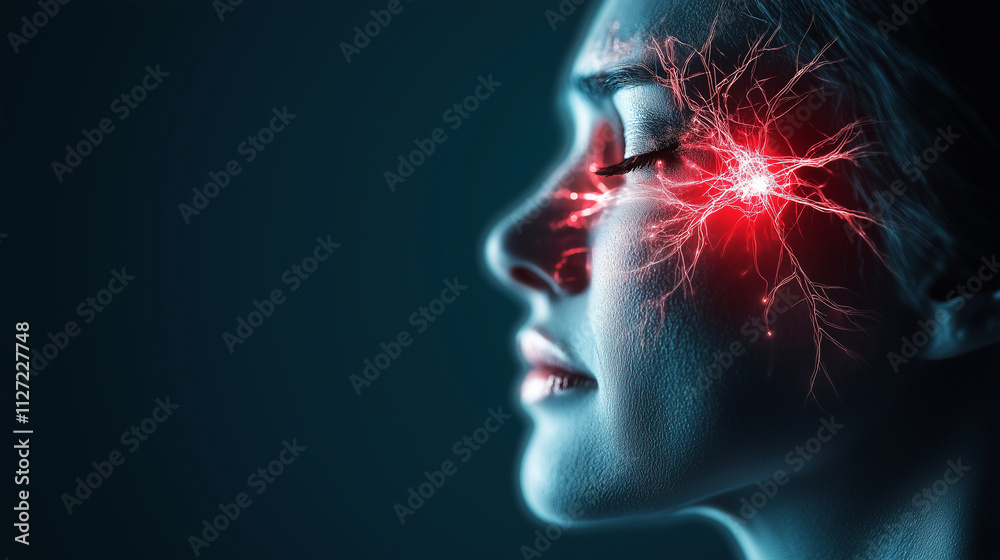 A combination of a realistic face rendering and a labeled trigeminal nerve diagram, with pain illustrated as a glowing red zone and text providing insights into neuralgia and its m A combination of a realistic face rendering and a labeled trigeminal nerve diagram, with pain illustrated as a glowing red zone and text providing insights into neuralgia and its m