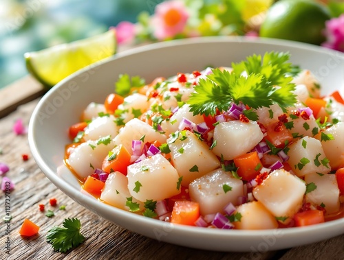 Close-up Photograph of Fresh Ceviche with Lime, Tomatoes, and Cilantro