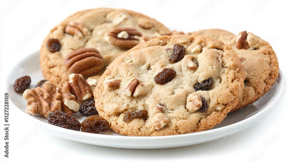 Delicious Cookies with Nuts and Raisins on White Plate Delicious Cookies with Nuts and Raisins on White Plate